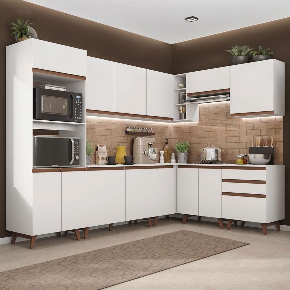 Cozinha Completa De Canto Com Armário E Balcão Branco Madesa