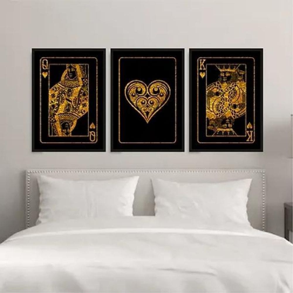 Kit 3 Quadros Rei Rainha Copas Preto Dourado