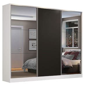 Guarda Roupa Casal 3 Portas de Correr Espelho Branco e Preto
