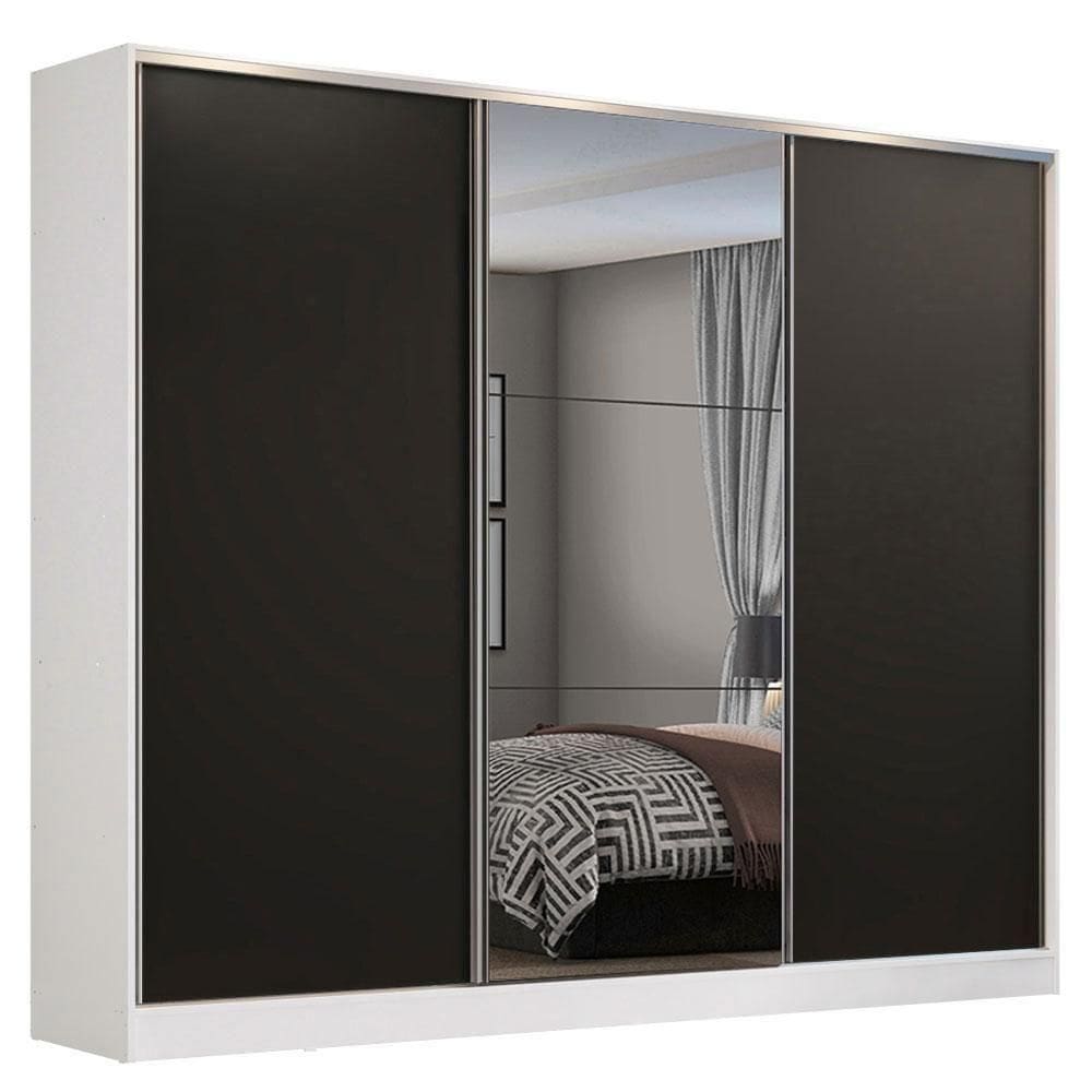 Guarda Roupa Casal 3 Portas de Correr Espelho Branco e Preto