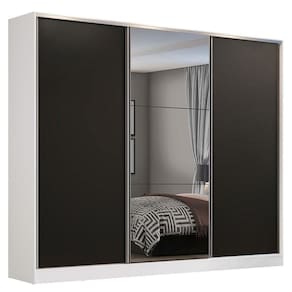 Guarda Roupa Casal 3 Portas de Correr Espelho Branco e Preto