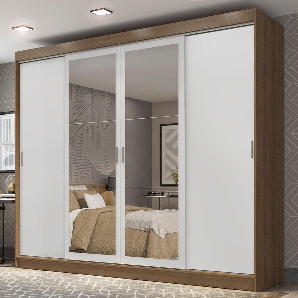 Guarda-roupa Casal Madesa Austin 4 Portas De Correr Com Espelhos 3 Gavetas - Rustic-branco Rustic-branco