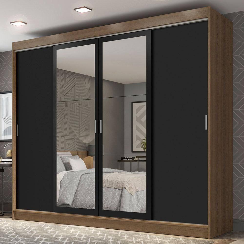 Guarda-roupa Casal Madesa Austin 4 Portas De Correr Com Espelhos 3 Gavetas - Rustic-preto Rustic-preto