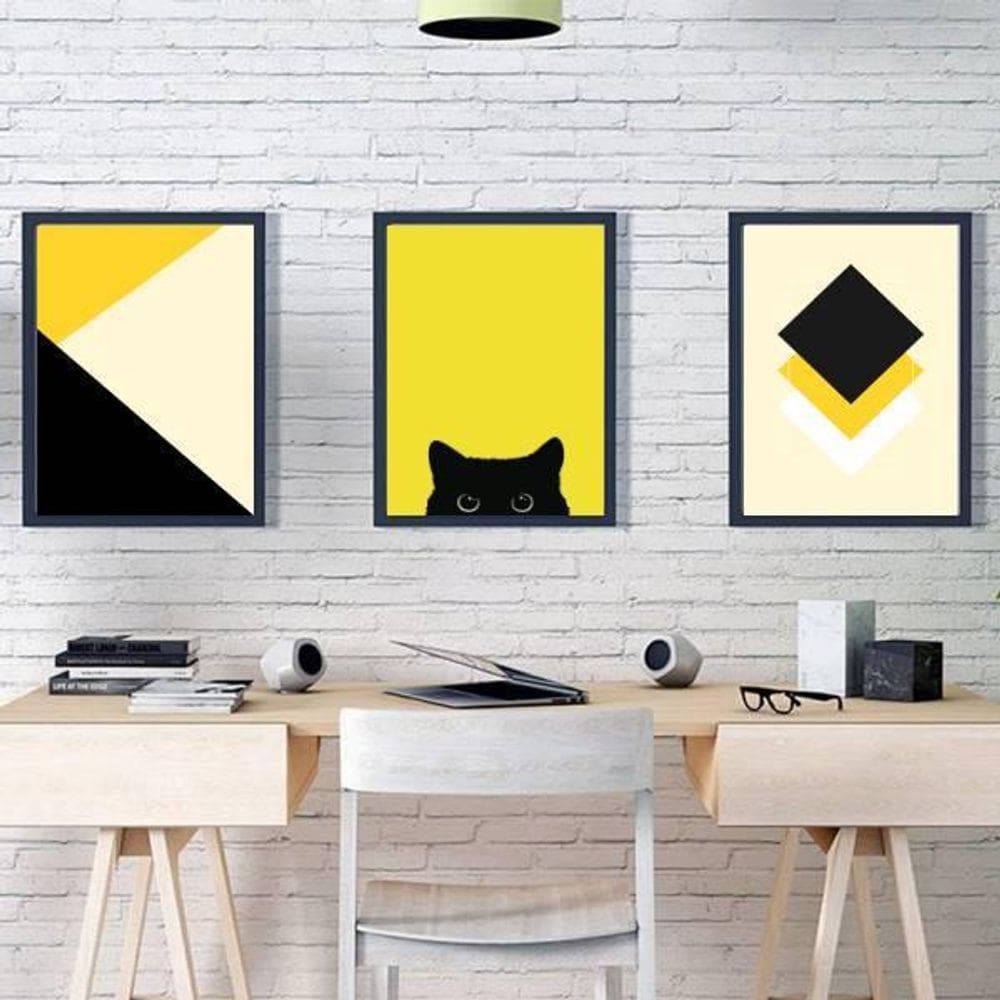 Kit 3 Quadro Geométrico Gato Preto/Amarelo 45X34 Vidro Preta
