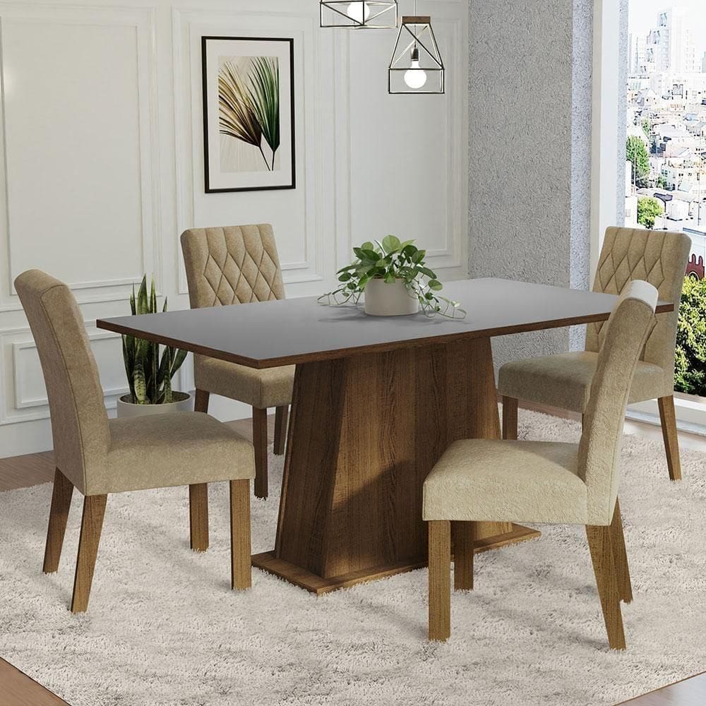 Conjunto Sala De Jantar Mesa Tampo De Madeira 4 Cadeiras