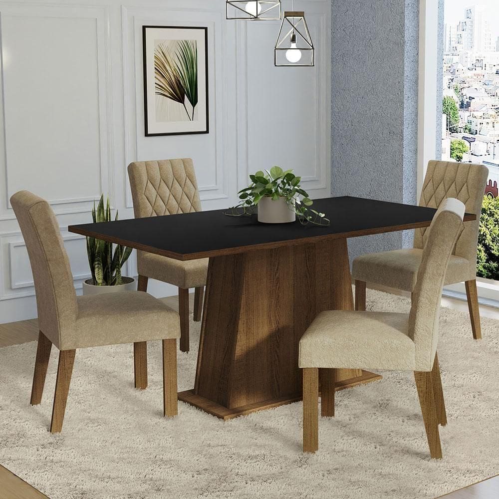 Conjunto Sala De Jantar Mesa Tampo De Madeira 4 Cadeiras