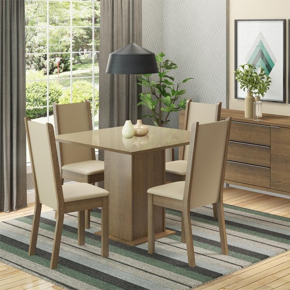 Conjunto Sala De Jantar Madesa Moscou Plus Mesa Tampo De Vidro Com 4 Cadeiras Rustic/Crema/Pérola