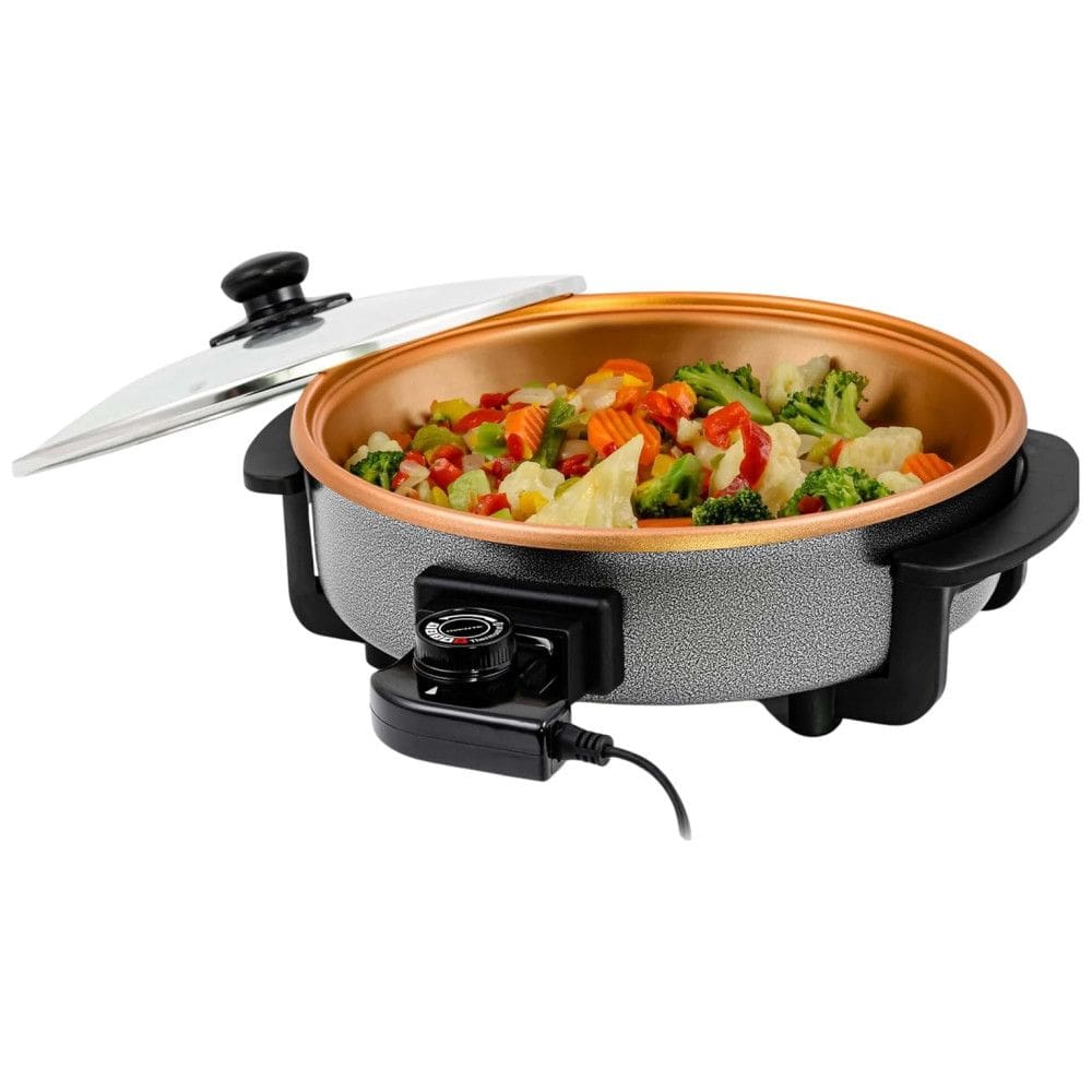 Frigideira Elétrica OVENTE de 30 cm com Revestimento Antiaderente, 1400W, Controle de Temperatura Ajustável e Tampa de Vidro Temperado