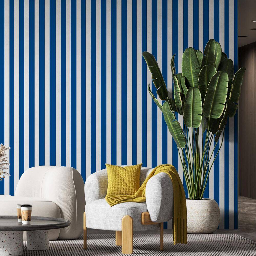 Papel De Parede Adesivo Listrado Azul E Branco - 3,0M