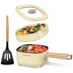 Panela Elétrica Audecook 2 Litros com Frigideira Cerâmica 20cm, Fogão Portátil para Ramen, Bife, Arroz, Aveia e Sopa