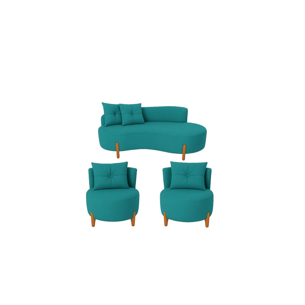 Conjunto 2 Poltronas + Sofá Curvo Orgânico Veludo Azul Turquesa - Montanaris Decor