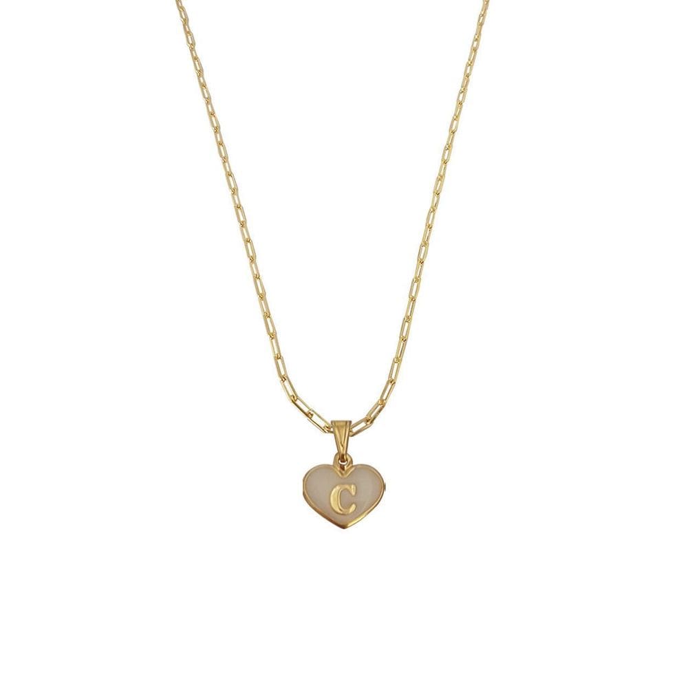 Colar Cartier 45Cm Coração Branco Letra C Banhado Ouro 18K