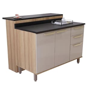 Bancada Ilha De Cozinha Com Balcão Ripada 3 Portas 2 Gavetas 1,20m Madeirado mocca Isis Luciane