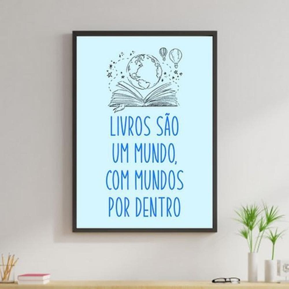 Quadro Livros São Um Mundo 60X40Cm - Madeira Preta