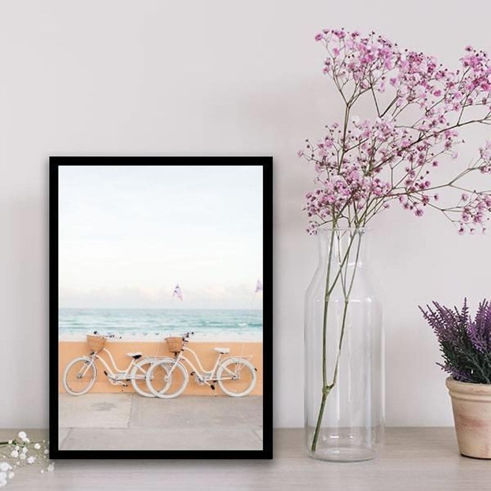 Quadro Fotografia Praia Bicicletas 45X34Cm - Com Vidro