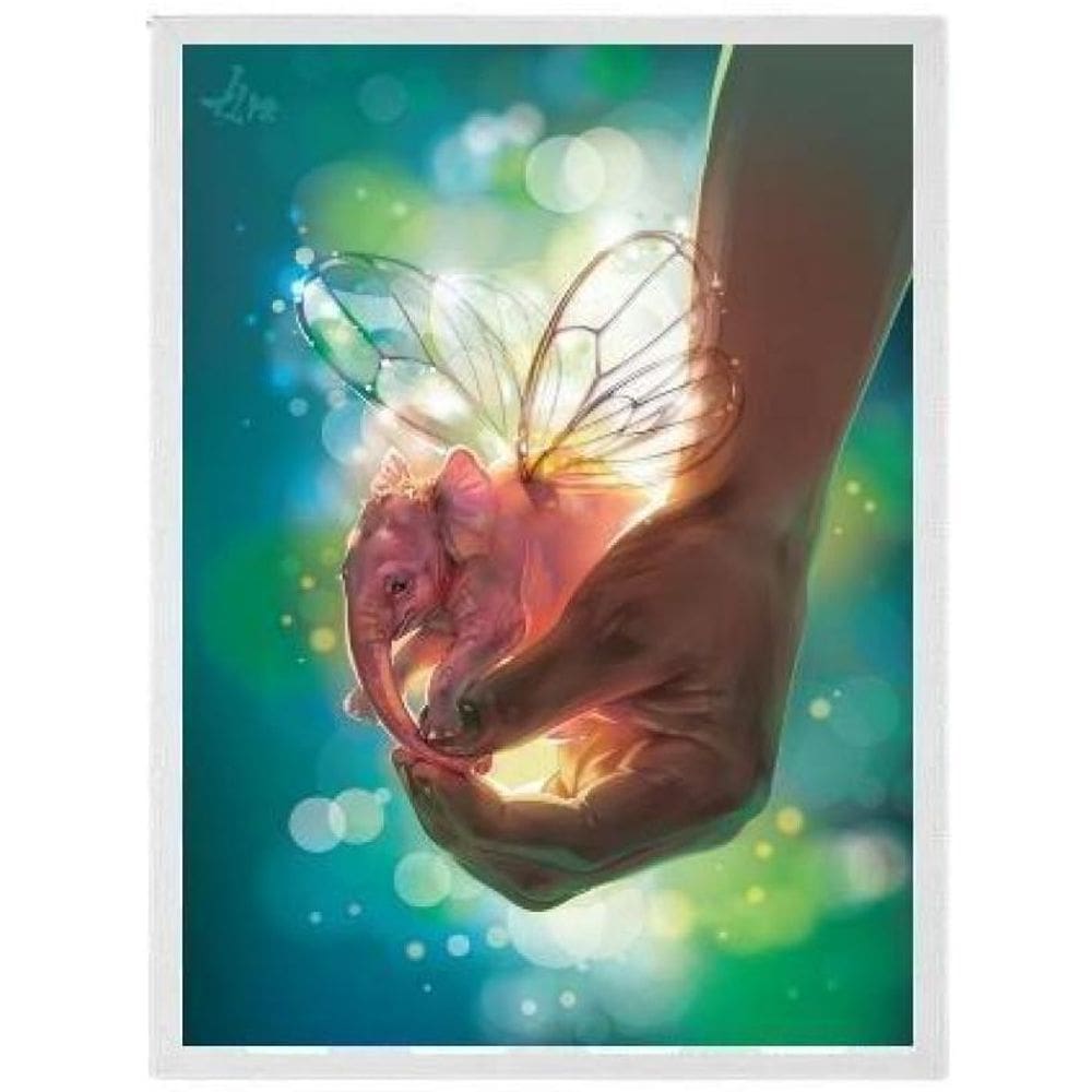 Quadro Elefante Com Asas De Borboleta Moldura Branca 45X34Cm