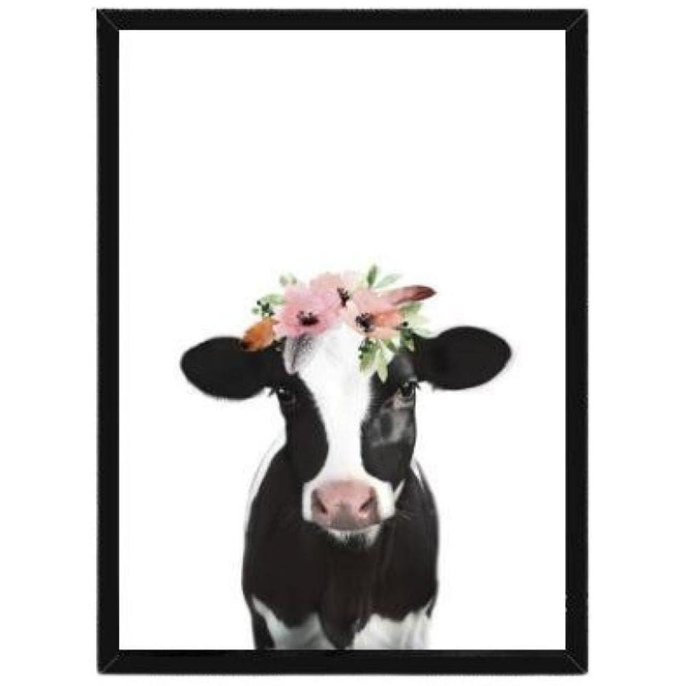 Quadro Decorativo Vaca Flores Com Vidro 24X18Cm