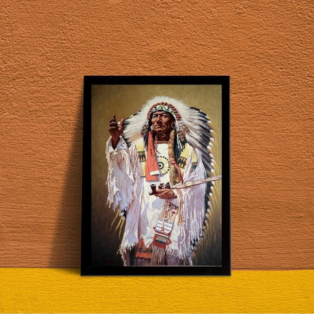 Quadro Caboclo Pena Branca 24x18cm - Vidro e Moldura Preta