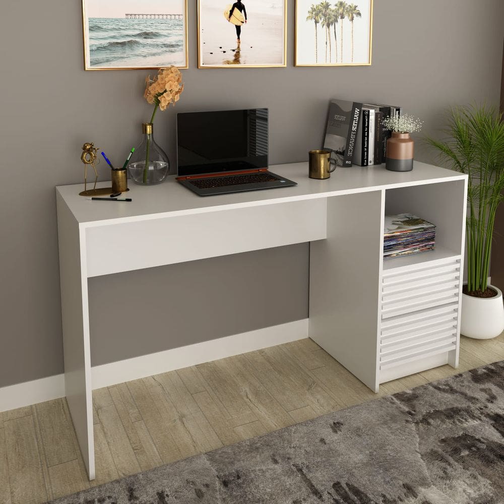 Mesa de Escritório com Gaveteiro Ripado 2 Gavetas ME4174 Branco