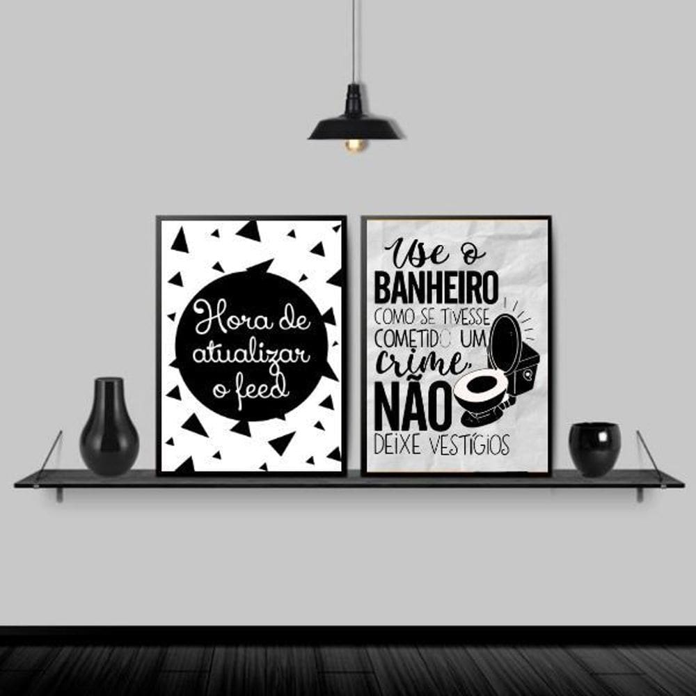Kit 2 Quadros Divertidos Para Banheiro 45X34 - Madeira Preta