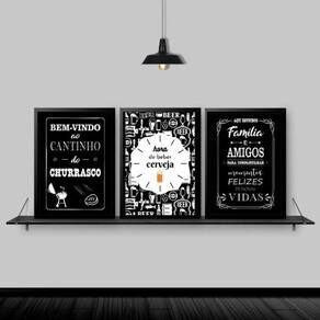 Kit 3 Quadros Hora De Beber Cerveja 33X24Cm - Madeira Preta