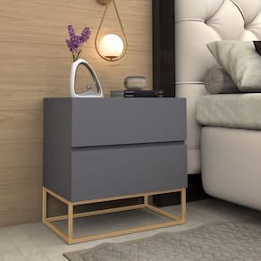 Mesa De Cabeceira Eros 45 Cinza Com Pés Em Ferro Dourado