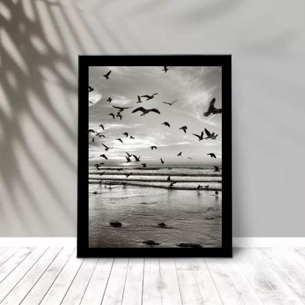 Quadro Praia Preto E Branco - Pássaros 45X34Cm