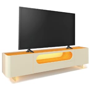 Rack Bancada Para Tv Até 85 Polegadas Com Pés De Vidro E Led Nobre Off White/madeirado Gelius
