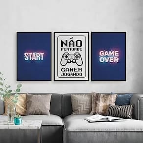 Kit Quadros Gamer Start Game Over 24X18Cm - 3 Unidades