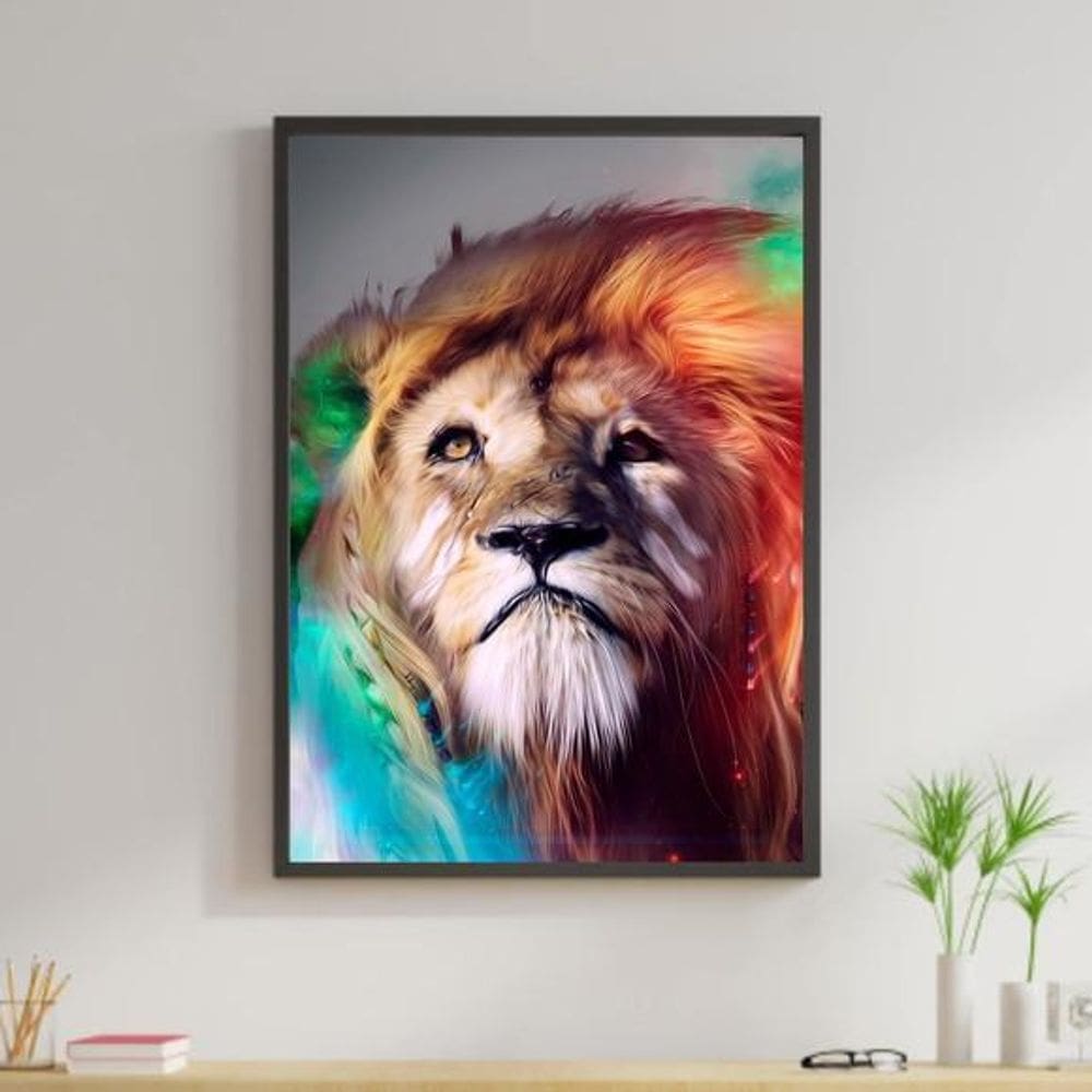 Quadro Leão Juba Colorida 60X40Cm Moldura Preta
