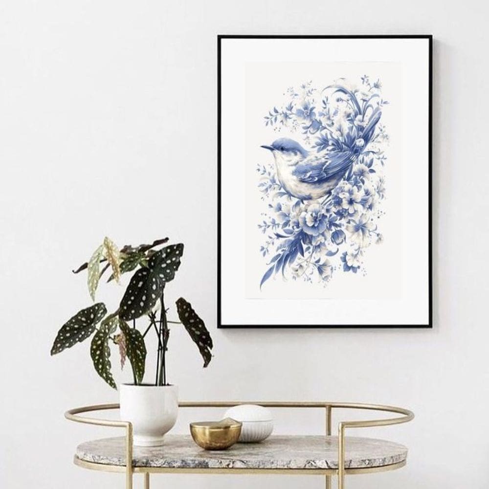 Quadro Passarinho Azul Floral - 60X48Cm