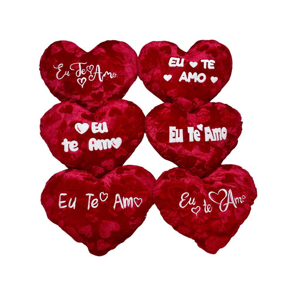 Almofada Coração De Pelúcia Vermelho Bordado Eu Te Amo - 33cm