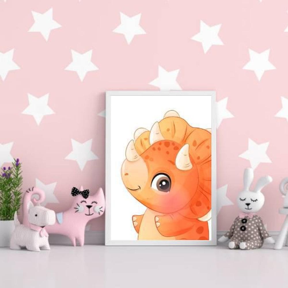 Quadro Decorativo Dinossaurinho Laranja 24X18Cm Branco