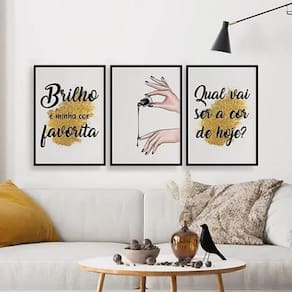 Kit 3 Quadros Decorativos Esmalte Brilho 33X24 C/Vidro Preta