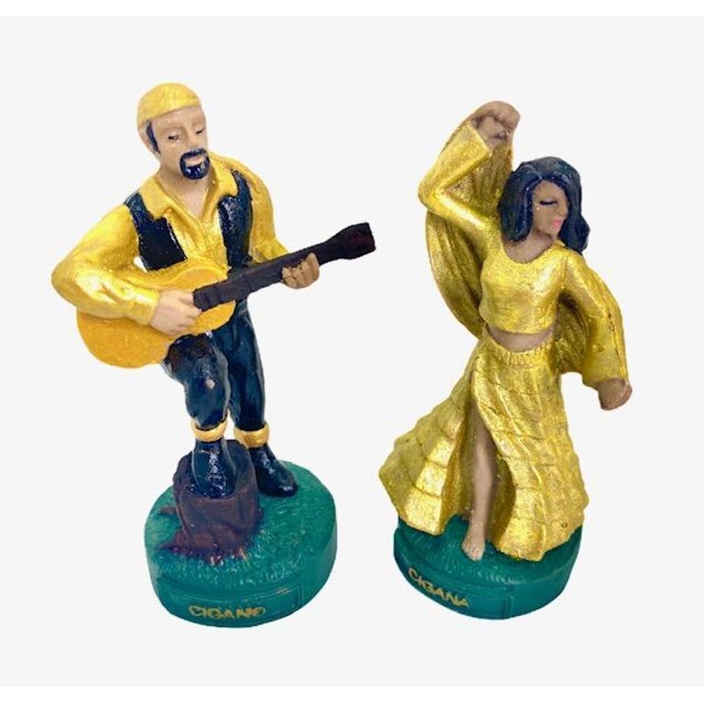 Esculturas Ciganos Casal Dourado 11 Cm Em Resina