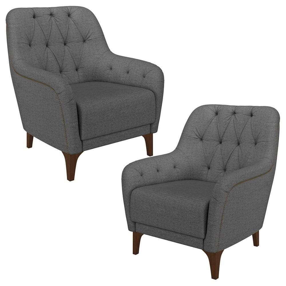 Kit 2 Poltronas Decorativas Para Sala Com Capitonê Pietà M22 Linho Cinza Escuro - Mpozenato