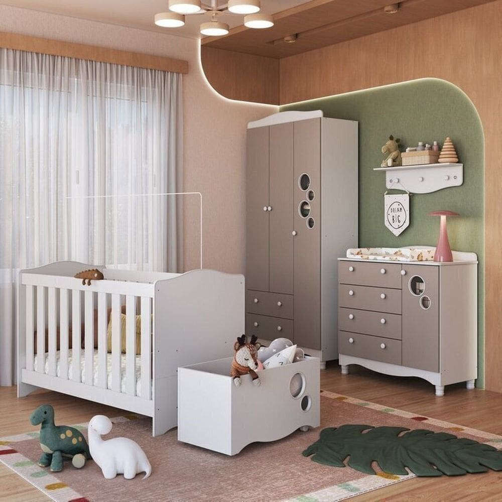 Conjunto Quarto de Bebê com Berço, Cômoda, Guarda-roupa, Prateleira e Caixa de Brinquedos Branco/Cinnamon