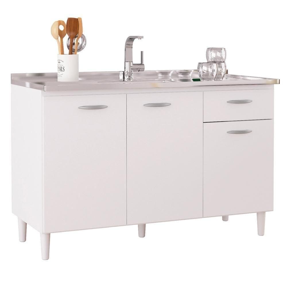 Balcão De Cozinha Com Pia Inox 120cm Classic P11 Branco - Mpozenato