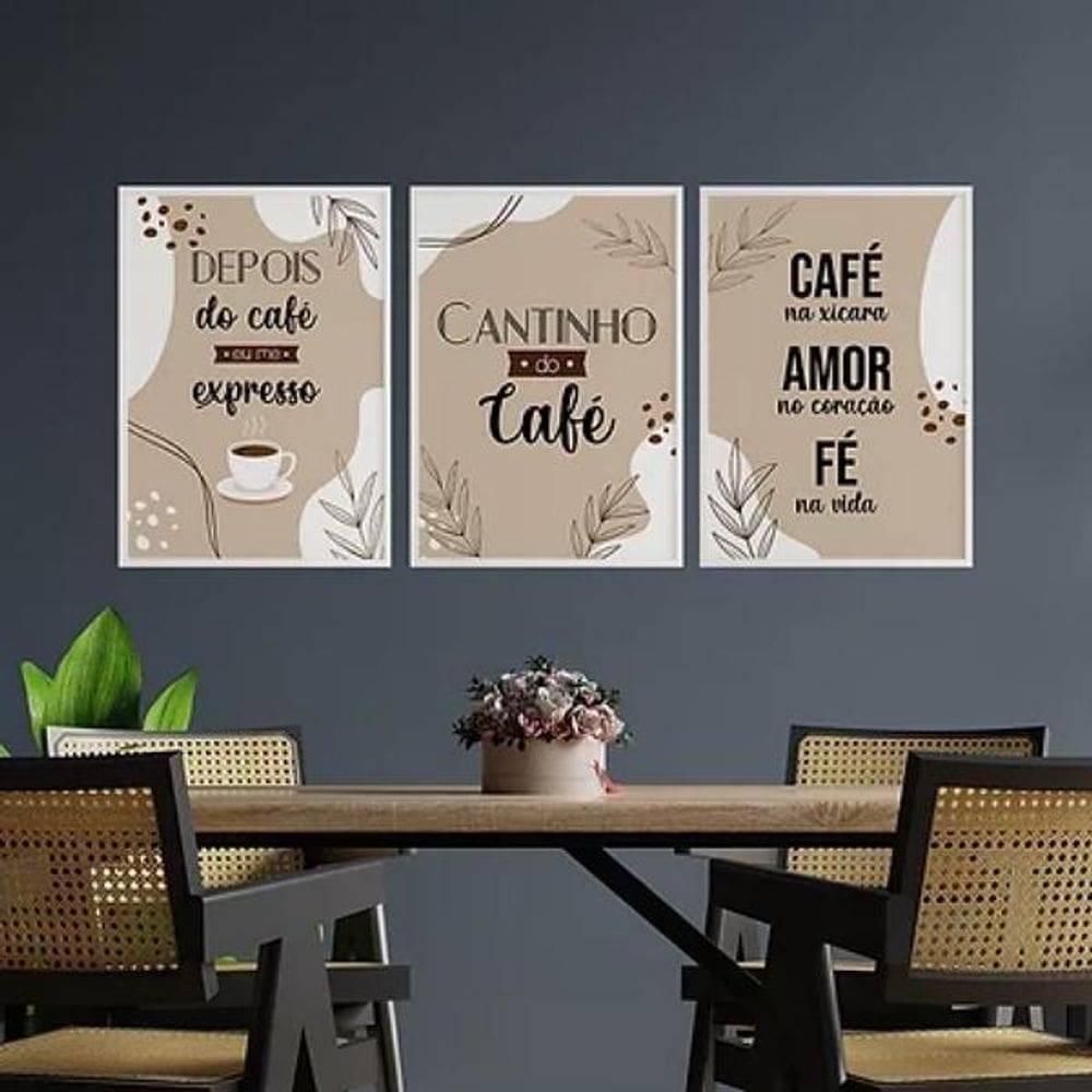Kit 3 Quadros Café Abstrato 24x18cm - Moldura Branca