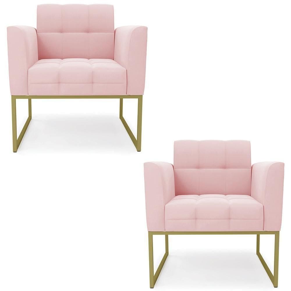 Poltrona Base Industrial Dourado Kit 2 Ana Suede Rosa Bebê - Ibiza