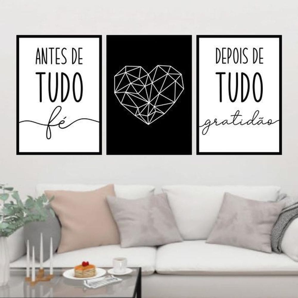 Kit 3 Quadros Fé Coração Geométrico 33X24Cm - Moldura Preta