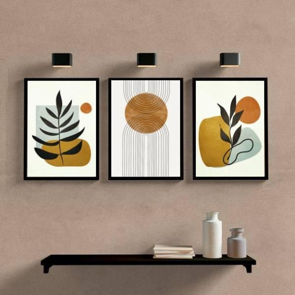 Kit 3 Quadros Abstrato Folha Marrom 24X18Cm - Com Vidro