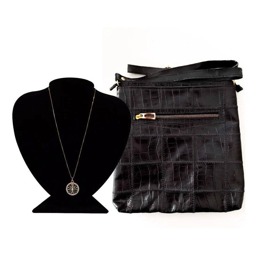 Kit Luxo Colar 50Cm N. Senhora Cravejado + Bolsa 100% Couro