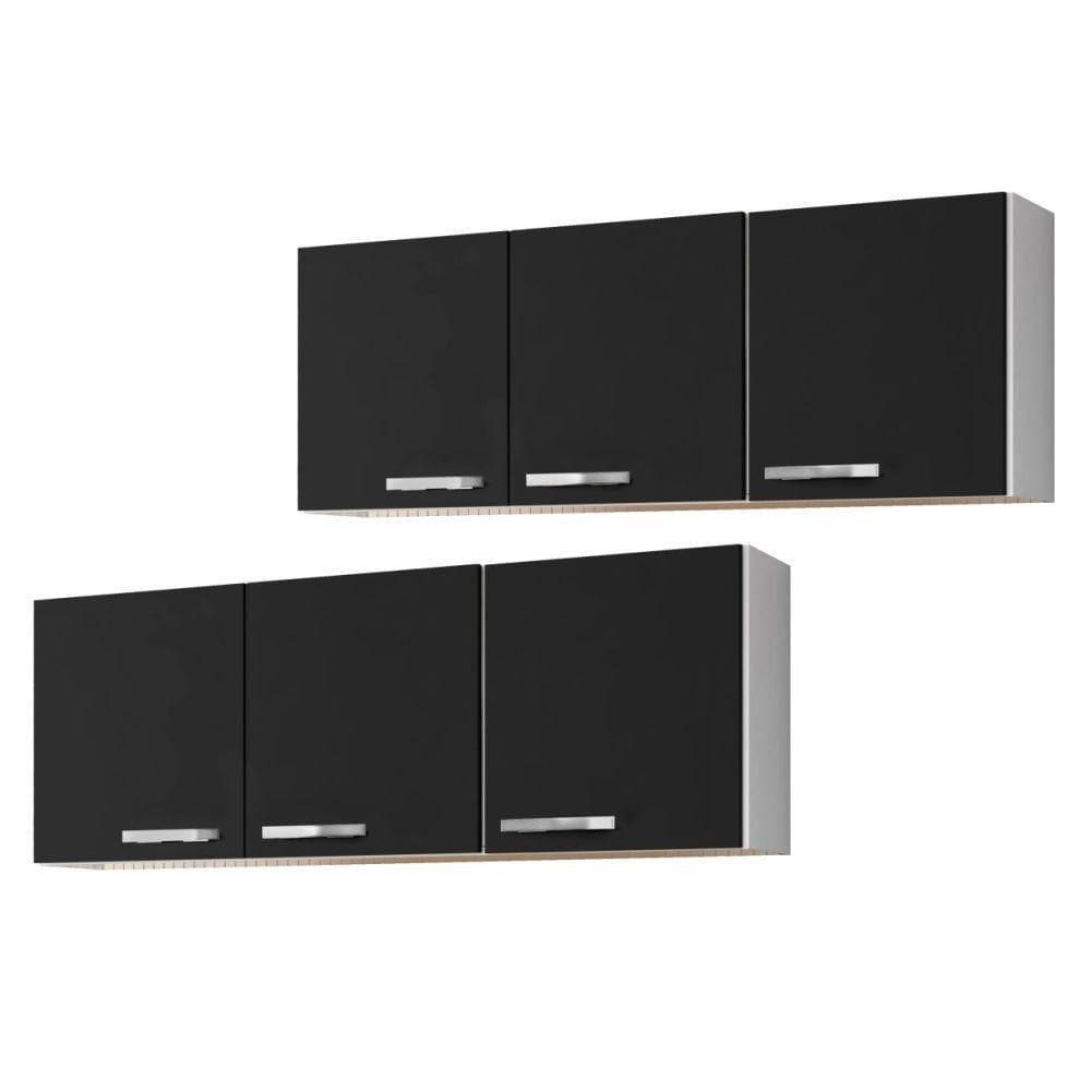 Kit 2 Armários Aéreos De Cozinha Parma 3 Portas 150cm - Lumil Móveis Branco-preto