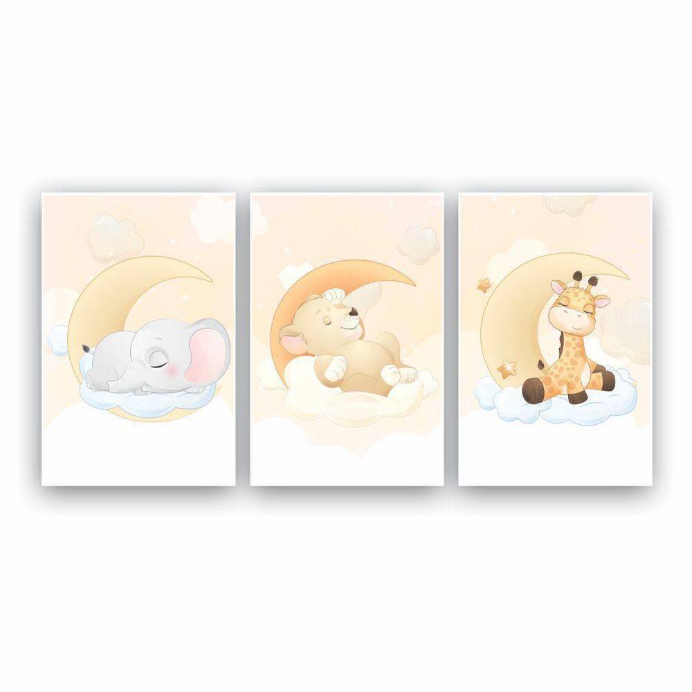 Kit Quadros 3Pçs Infantil Safari Elefante, Leão E Girafa