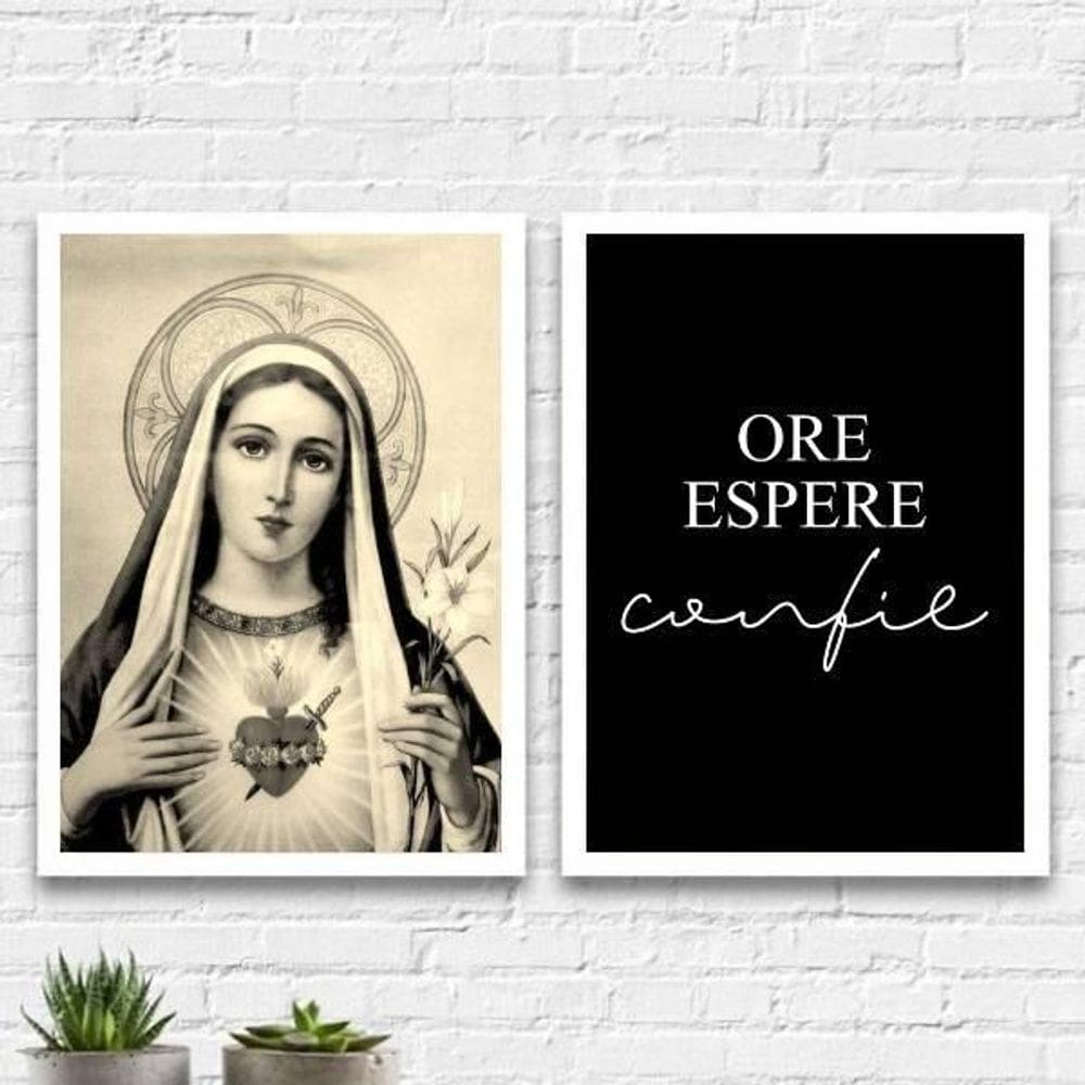 Kit 2 Quadros Sagrado Coração De Maria 45X34Cm - Branca