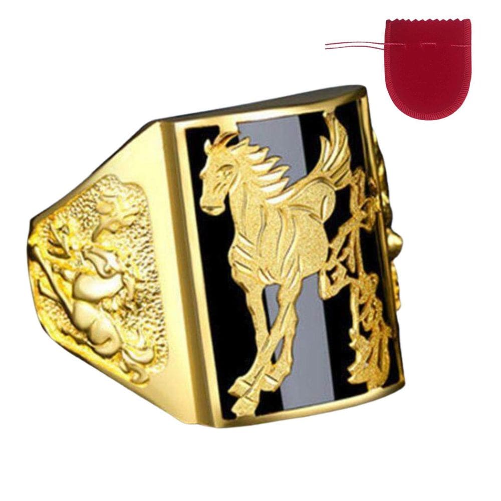 Anel Grande Masculino Cavalo Preto Banhado A Ouro Ajustável