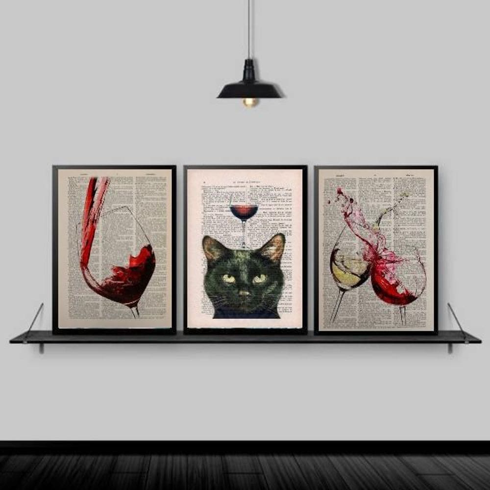 Quadros Vinhos e Gato 45x34cm - Vidro Branco