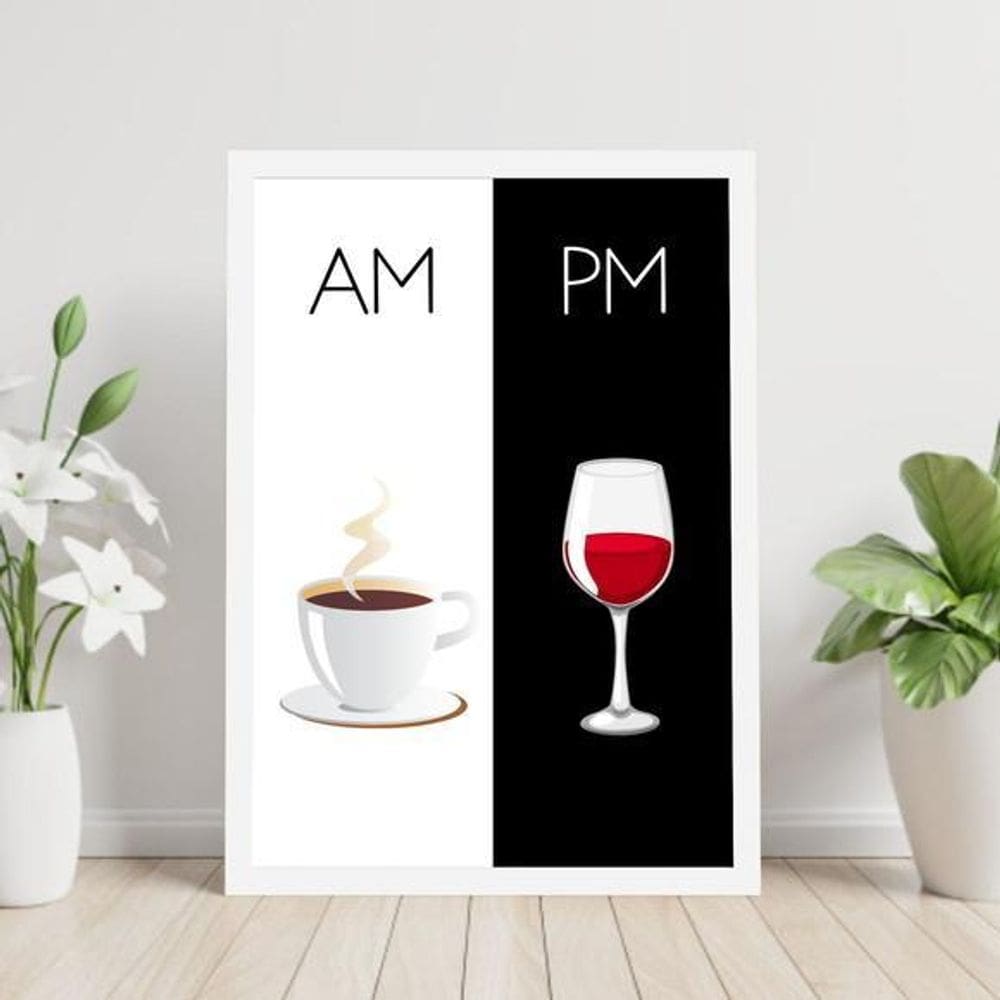 Quadro Decorativo Am Pm. Café E Vinho Moldura Branca 24X18Cm