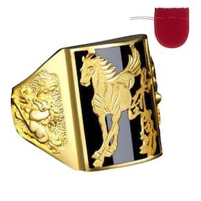 Anel Grande Masculino Cavalo Preto Banhado A Ouro Ajustável
